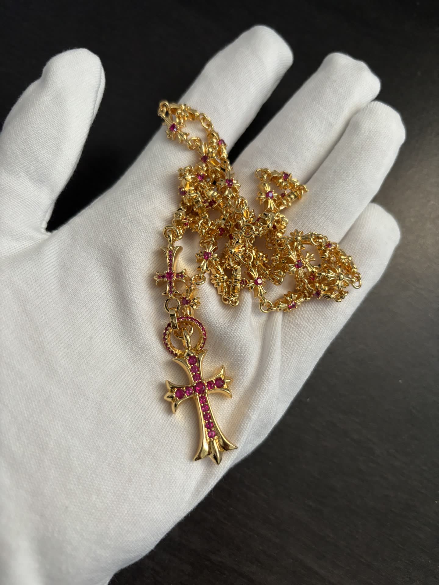 Chrome Hearts Gold Plated Rosary Necklace with Gemstone Cross